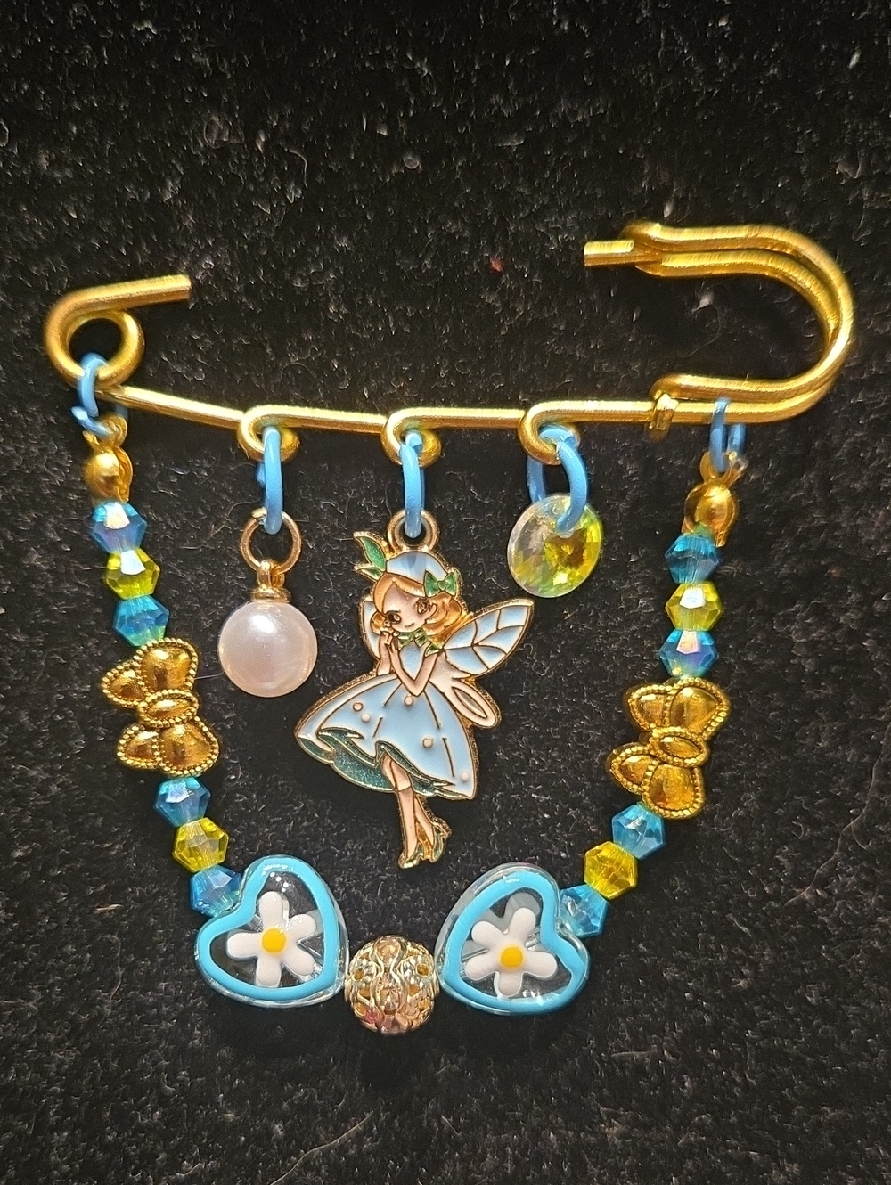 Gold and Blue Fairy Safety Pin Charm Brooch